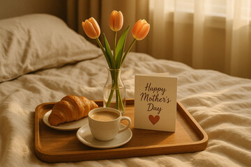 Café da manhã na cama com flores e cartão de Dia das Mães ao amanhecer, em uma cena aconchegante e delicada para celebrar com amor
