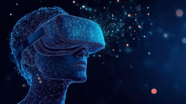 VR Cosmic Connection with Star Network - Immersive Polygonal Wireframe on Dark Blue Background for Metaverse and Tech Education