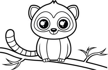 Cartoon Lemur on Branch, Black and White Outline, Sitting, Transparent Background