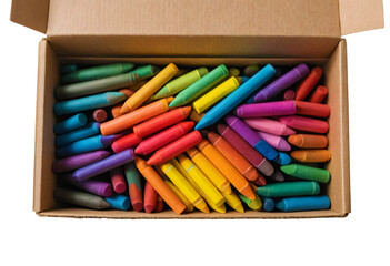 Fototapeta premium A cardboard box filled with bright, varied crayons, providing a wide palette of colors for creativity and artistic expression.