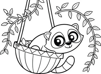 Raccoon in Hanging Basket Surrounded by Vines Black and White Outline Drawing