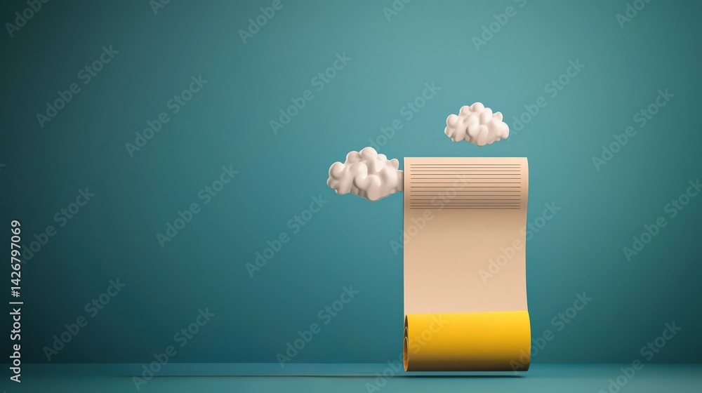 Poster import tariffs policy impact concept. creative illustration of a notepad with clouds and a colorful 