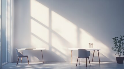Minimalist workspace interior design with natural light and modern furniture for home office setup