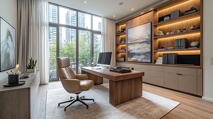 Modern Home Office Interior with Wooden Desk, Executive Chair, Shelving, and City View Window for Productivity.