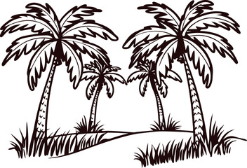 Scenic tropical landscape with palm trees and lush vegetation in monochrome.