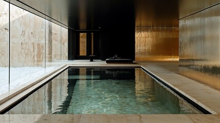 Modern minimalist indoor swimming pool design in light stone and metal accents, tranquil and elegant atmosphere