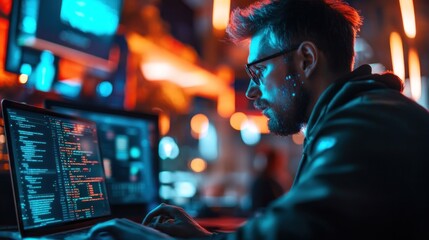 Obraz premium Man Coding on Laptop in Dark Room