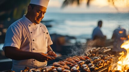 Chef Grilling Seafood at Sunset: A Warm Coastal Culinary Scene