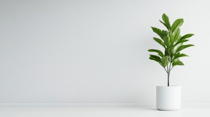 A lush green plant in a white ceramic pot standing on a minimalist white surface, and modern interior design with clean lines and simplicity.