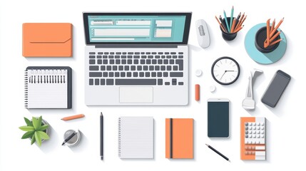 Person organizing office supplies on desk, isolated on white background