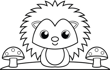 Cute Hedgehog Line Art with Mushrooms on Transparent Background for Coloring Page