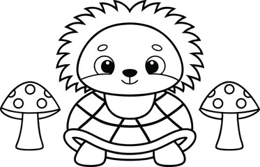 Outline Turtle with Mushrooms, Coloring Page, Children's Illustration, Isolated, Cartoon