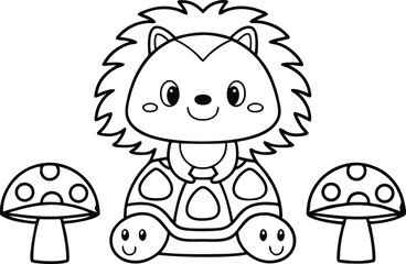 Cartoon outline of a hedgehog riding a turtle with mushrooms on transparent background