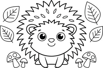 Cartoon Outline Hedgehog, Leaves, and Mushrooms Isolated on White Background