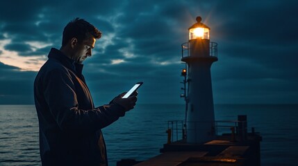 Man Using Tablet Near Illuminated Lighthouse: A Moody Night Scene