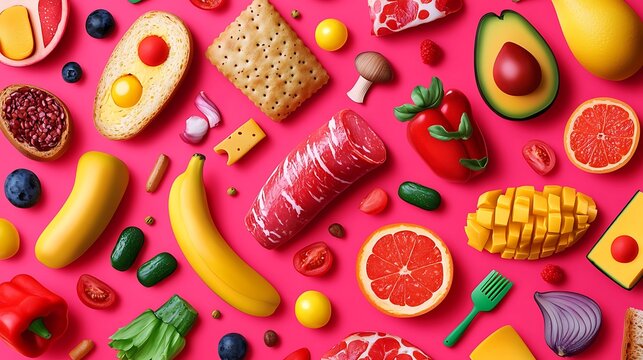 Vibrant flat lay of assorted food items on pink background