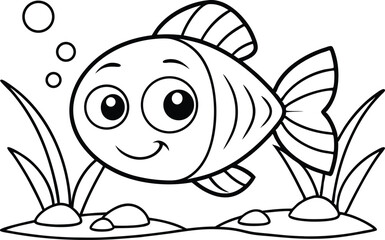 Fototapeta premium Outline Cartoon Fish Swimming Near Plants and Bubbles on White Background