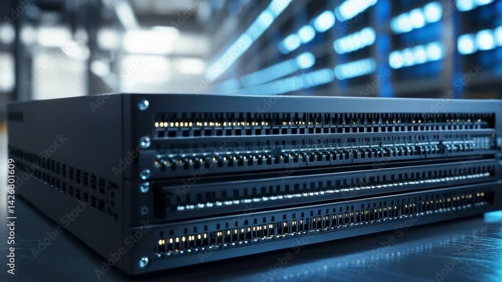Fototapete Technological Server Rack: A close-up shot of server rack showcasing rows of interconnected devices in a cutting-edge data center setting.