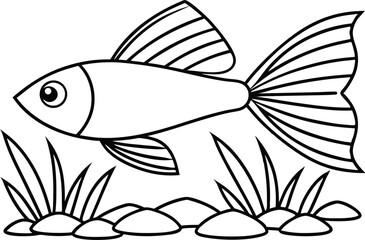 Fish Line Art with Seaweed and Rocks Isolated on White Background Aquarium