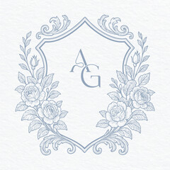 Vintage Rose Crest Flowers Wedding Monogram. Roses frame monogram.