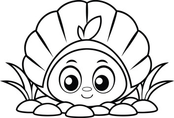 Outlined Smiling Cartoon Flower Character with Big Eyes Isolated on White