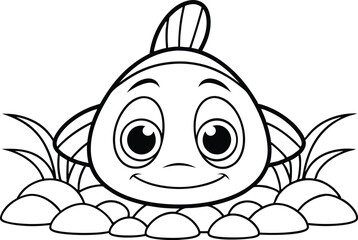 Outline Cartoon Fish Smiling with Big Eyes, Rocks and Seaweed on White