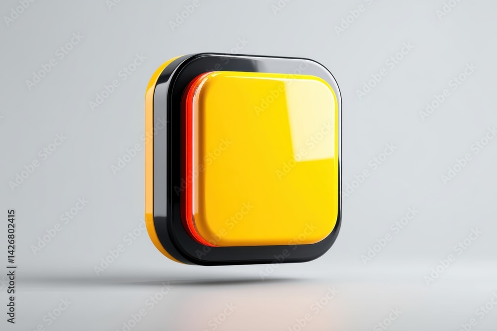 Poster abstract 3d yellow square button with black frame: digital minimalist design