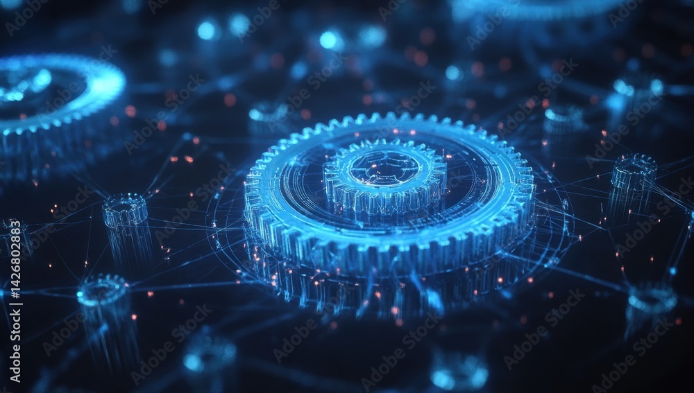 Poster digital blue hologram of gears and cogs, representing the interconnected nature of technology in ind
