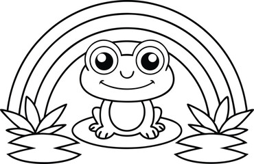 Outlined Frog Sitting on Lily Pad with Rainbow Arch on Transparent Background