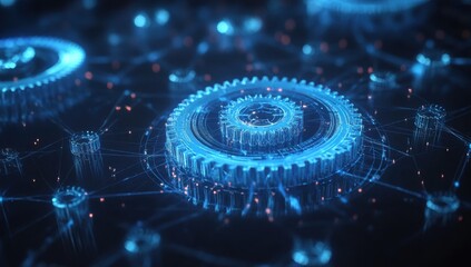 Obraz premium Digital blue hologram of gears and cogs, representing the interconnected nature of technology in industrial design The background is dark with subtle lighting to highlight details Generative AI