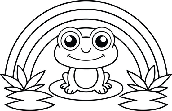 recommend clip art: Outlined Frog Sitting on Lily Pad with Rainbow Arch on Transparent Background