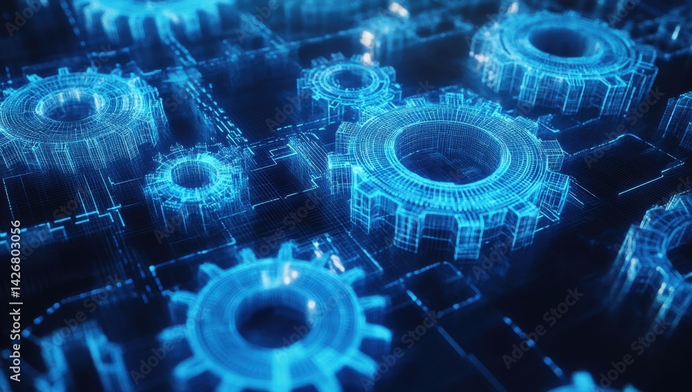 Poster gears and cogs in a blue digital wireframe hologram, a technology background with industrial mechani