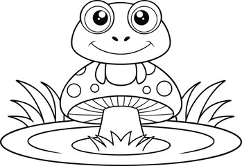 Cartoon Smiling Frog Sitting on Mushroom in a Pond with Grass Outlines