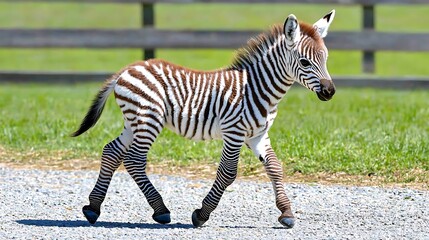 Adorable newborn zebra foal strides confidently on a gravel path, showcasing its distinctive stripes against a lush green field backdrop