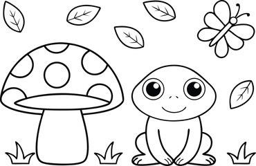Smiling Outlined Frog Sitting Near a Mushroom, Butterfly and Leaves on White