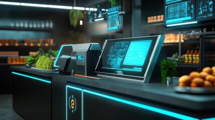 Futuristic Supermarket Checkout with Display Screens