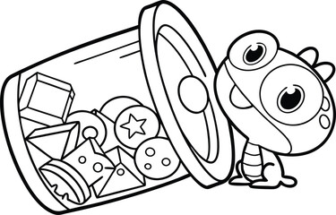 Line art Cartoon dragon near a jar filled with assorted geometric shapes