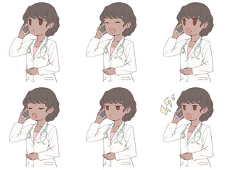 スマホで電話をかける褐色肌の女性医師。様々な表情6種類セット