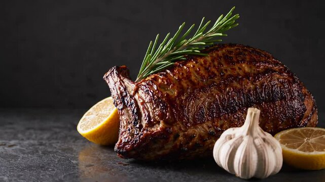 Succulent grilled steak with garlic and rosemary garnish on rustic background