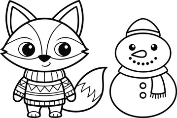 Line Art Fox Wearing Sweater and Snowman with Hat on White Isolated Background