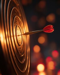 A dart strikes the bullseye of a target, illuminated by warm, glowing lights in the background, creating a striking and focused composition.