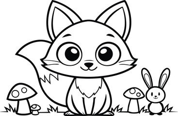 Smiling Outline Fox and Bunny with Mushrooms on White Background