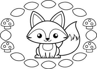 Fox With Leaf And Mushroom Circle Black Line Art On Transparent Background