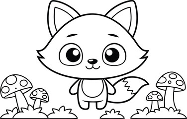 Line art of fox with mushrooms on a transparent background for educational coloring