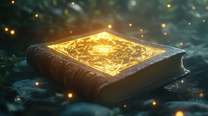 Ancient Book: Glowing Mystical Runes in Dark Forest