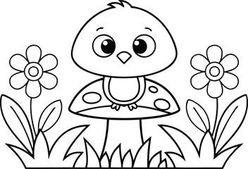 Outline Drawing Cartoon Bird Standing on a Mushroom with Flowers