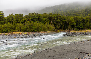 The beautiful Makarora River at the Blue Pools walking track in the South Island, New Zealand