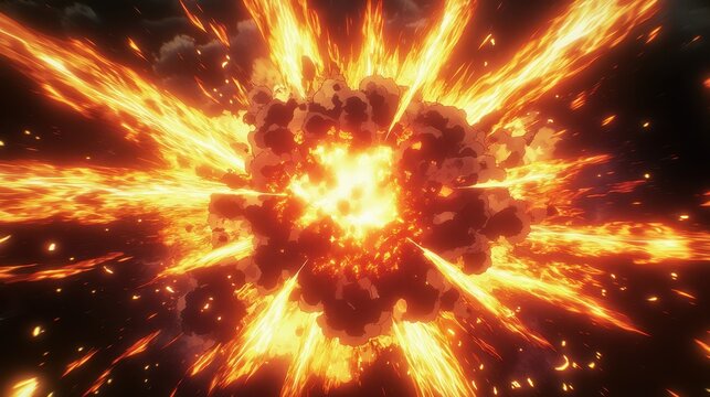 A dynamic and intense scene featuring a powerful explosion, with vibrant flames and dark black smoke rendered in an anime style.