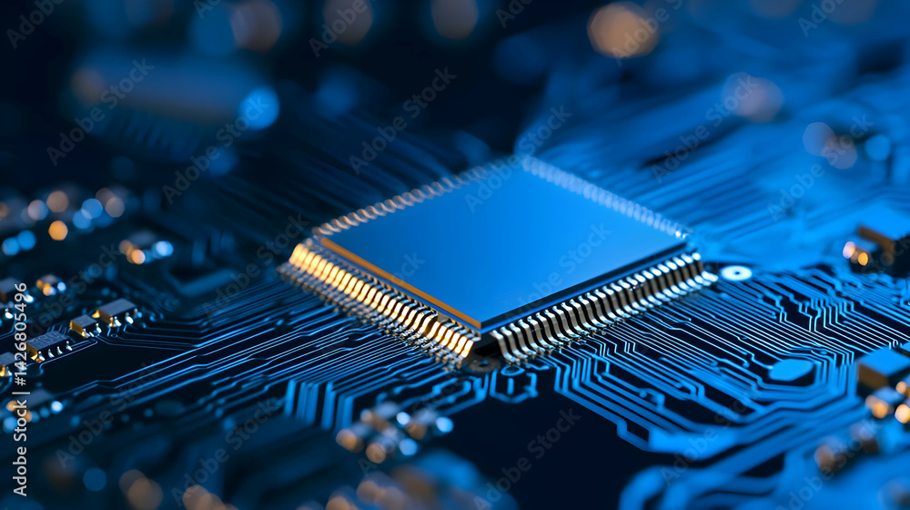 Poster close up of microchip on circuit board