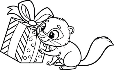 Outlined Otter with Gift Box Holding Present, Cartoon Animal Line Art, Isolated Design